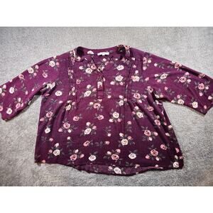 Fun2Fun Women's Blouse Floral Print V-Neck 1X Burgundy Pink 3/4 Sleeve Button Up